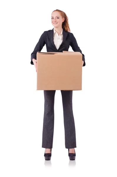 Woman businesswoman with boxes on white — Stock Photo, Image