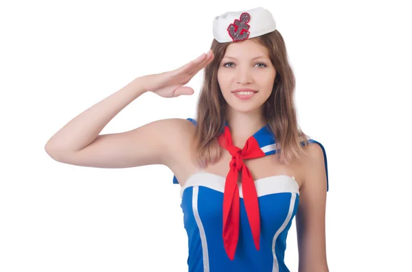 Young airhostess saluting isolated on white — Stock Photo, Image