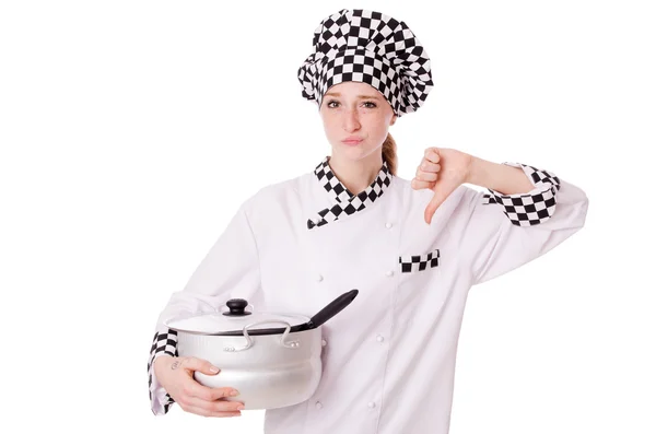 Genç kadın aşçı üzerinde beyaz izole — Stok fotoğraf