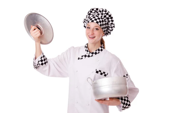 Mujer joven cocinera aislada en blanco —  Fotos de Stock