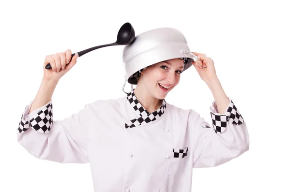 年轻女子厨师上白色隔离 — 图库照片