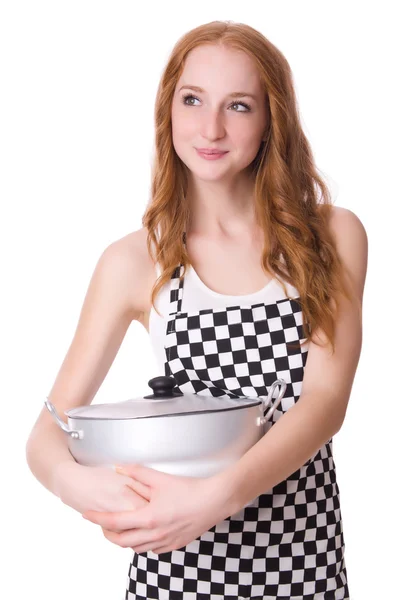Mujer joven cocinera aislada en blanco — Foto de Stock
