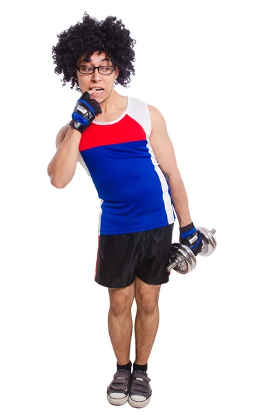 Hombre divertido haciendo ejercicio con pesas — Foto de Stock