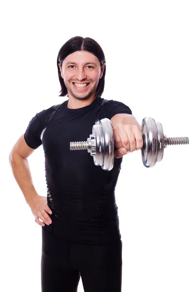 Homme entraînement avec haltères sur blanc — Photo