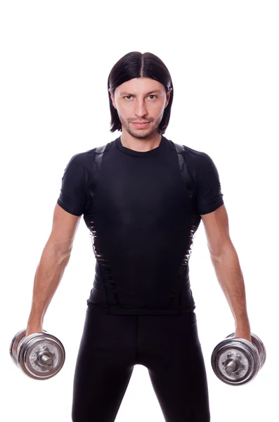 Entrenamiento de hombre con mancuernas en blanco — Foto de Stock