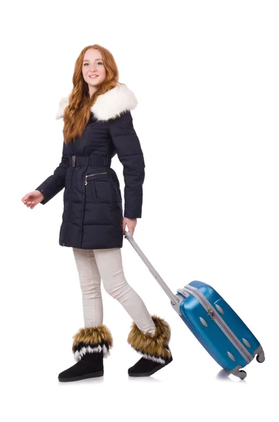 Woman with suitcase preparing for winter vacation — Stock Photo, Image