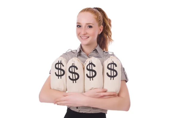 Young businesswoman with money sacks on white — Stock Photo, Image
