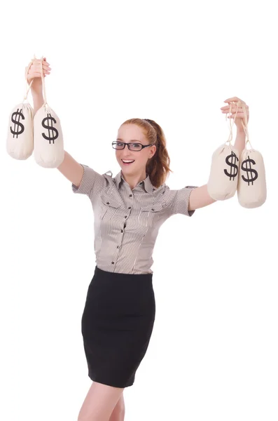 Mladá podnikatelka pytlů peněz na bílém pozadí — Stock fotografie