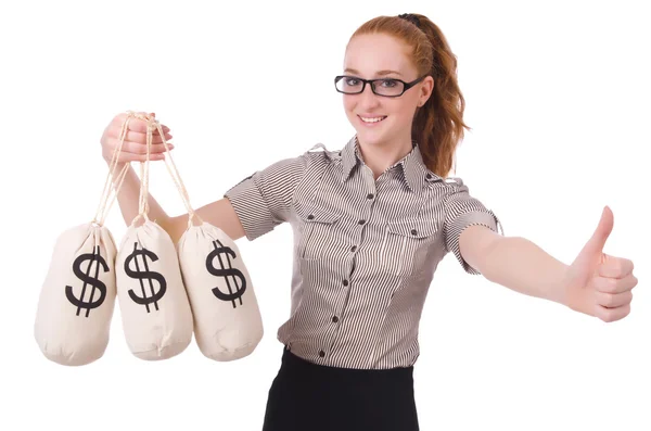 Ung affärskvinna med pengar säckar på vit — Stockfoto