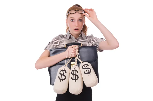 Young businesswoman with money sacks on white — Stock Photo, Image