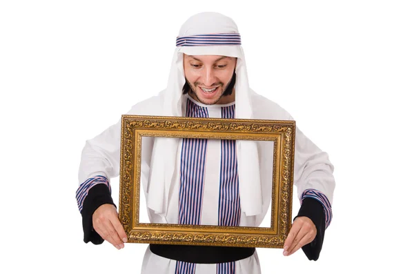 Arabský mladík s rámečkem na obrázek na bílém pozadí — Stock fotografie