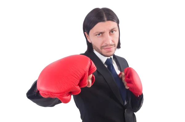 Empresario con guantes de boxeo en blanco —  Fotos de Stock