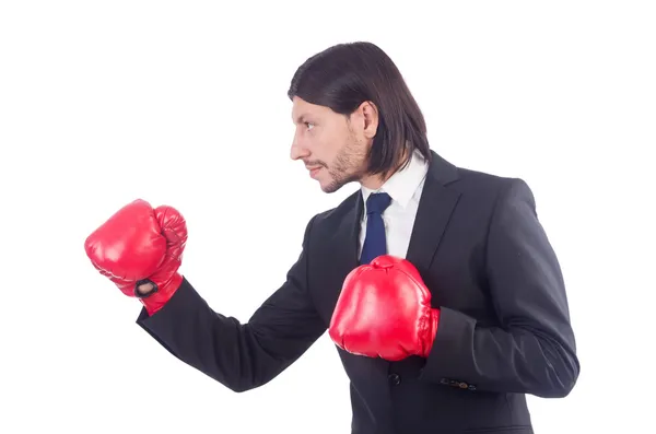 Affärsman med boxhandskar på vit — Stockfoto