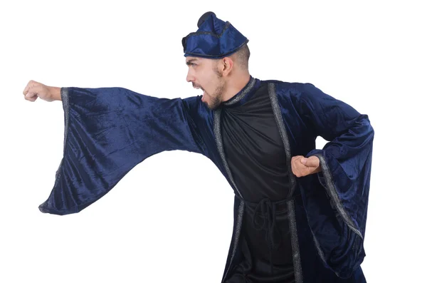 Antiguo maestro de artes marciales en kimono azul sobre blanco — Foto de Stock