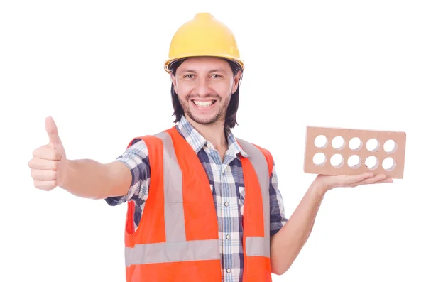 Construtor com tijolos de argila — Fotografia de Stock