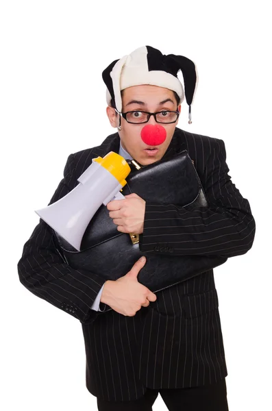 Businessman clown with loudspeaker — Stock Photo, Image