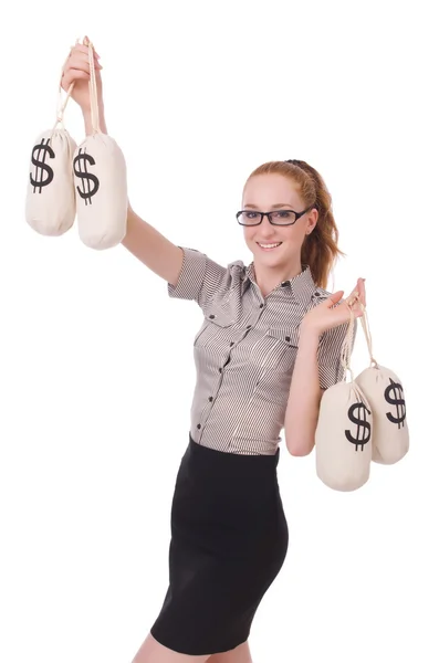 Affärskvinna med pengar säckar — Stockfoto