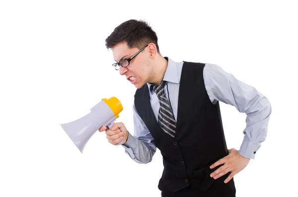Homem irritado com alto-falante — Fotografia de Stock