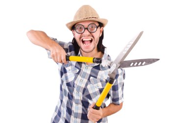 Bahçe makası ile komik adam