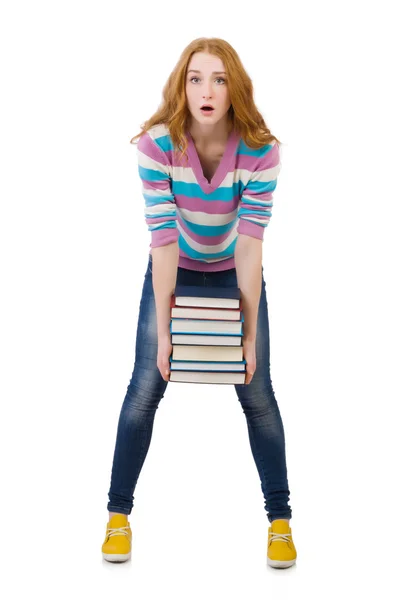 Junge Studentin mit Büchern auf Weiß — Stockfoto