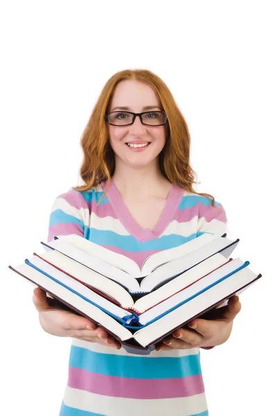 Jovem estudante com livros isolados em branco — Fotografia de Stock