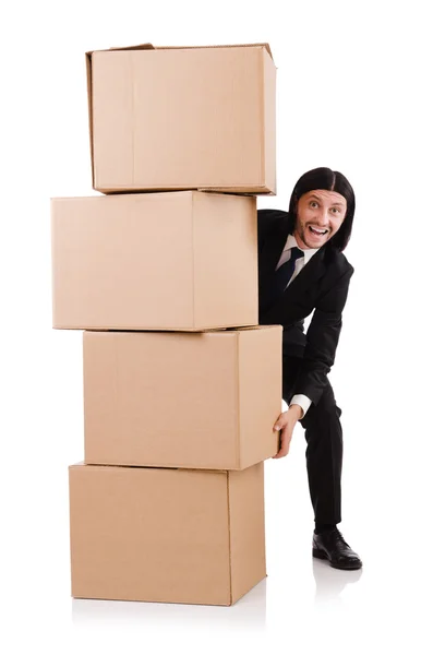 Uomo divertente con scatole — Foto Stock