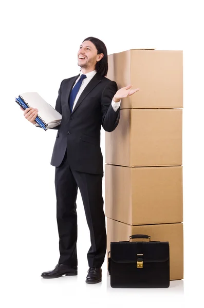 Uomo con scatole piene di lavoro — Foto Stock