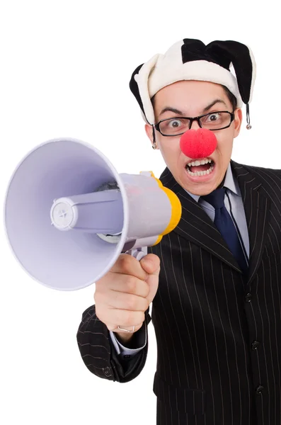 Biznesmen clown z głośnikiem na białym — Zdjęcie stockowe