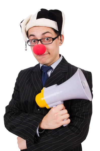 Zakenman clown met luidspreker op wit — Stockfoto