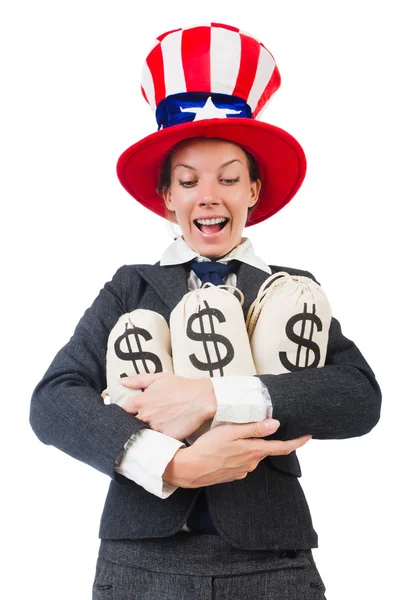 Businesswoman with sacks of money — Stock Photo, Image