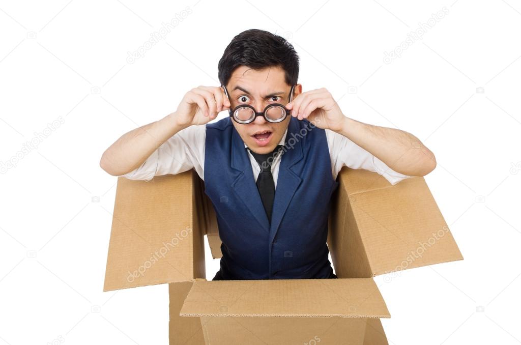 Man in thinking outside the box concept