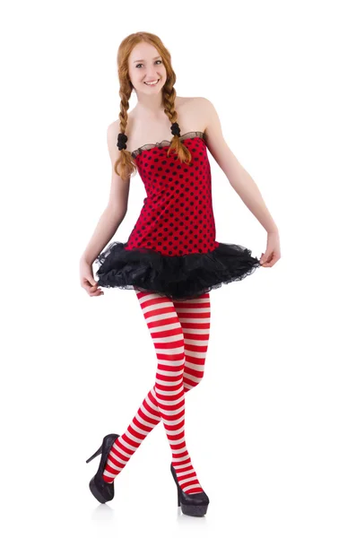 Κοκκινομάλλα κοπέλα στο κόκκινο φόρεμα και κάλτσες — Φωτογραφία Αρχείου