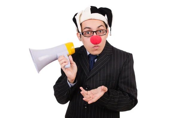 Zakenman clown met luidspreker — Stockfoto