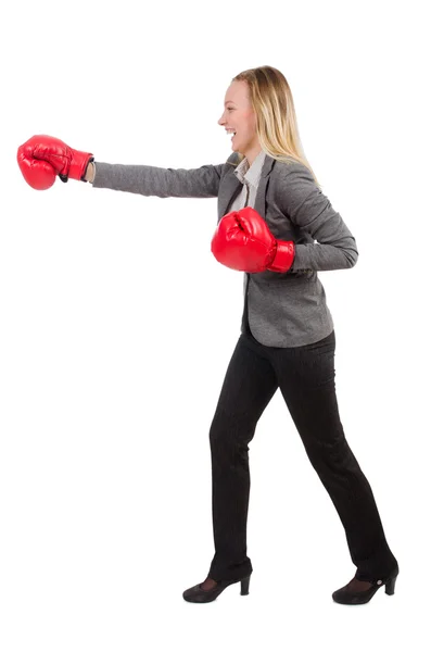 Mulher empresária com luvas de boxe — Fotografia de Stock