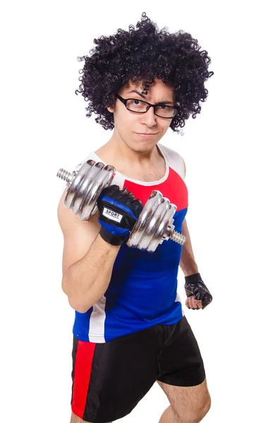 Hombre divertido haciendo ejercicio con pesas —  Fotos de Stock