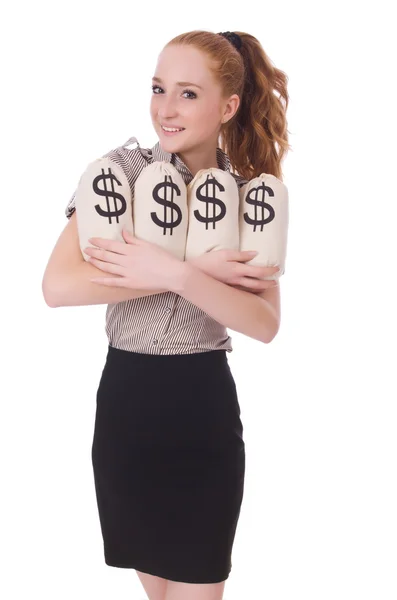 Businesswoman with money sacks — Stock Photo, Image