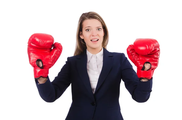 Femme d'affaires avec gants de boxe — Photo