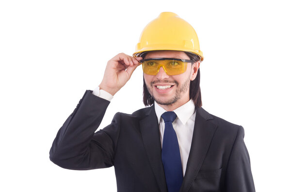 Бизнесмен строитель в каске изолирован на белом
