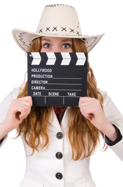 Jovem cowgirl com placa de filme — Fotografia de Stock