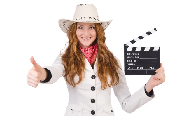 Unga cowgirl med film board — Stockfoto