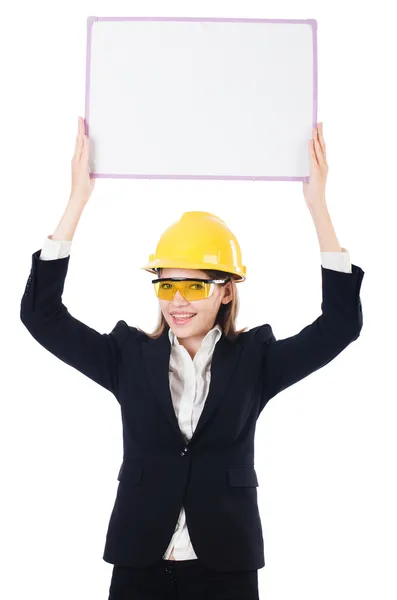 Construtor mulher com placa em branco — Fotografia de Stock