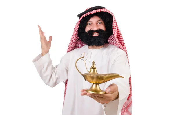 Funny arab man with lamp  isolated on white — Stock Photo, Image