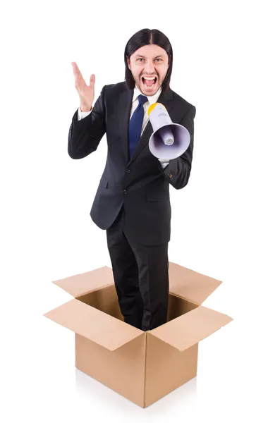 Uomo con altoparlante nella scatola — Foto Stock