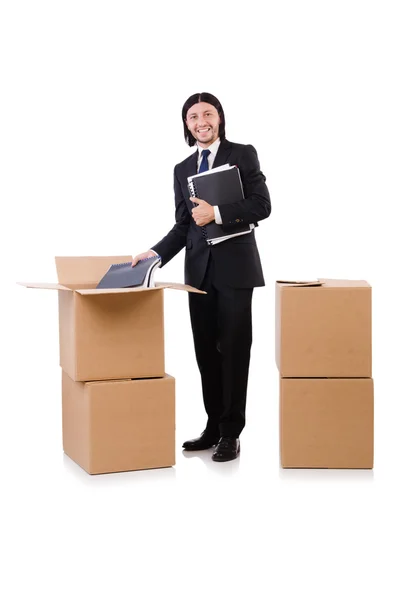 Uomo con scatole piene di lavoro — Foto Stock