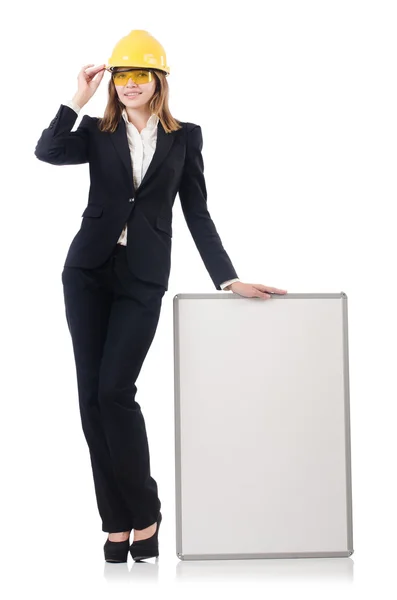 Builder woman with blank board — Stock Photo, Image