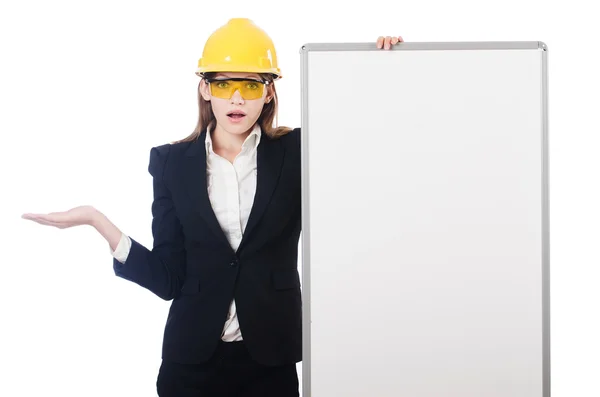 Bâtisseur femme avec tableau blanc — Photo