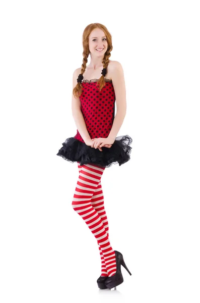 Menina em vestido vermelho e meias — Fotografia de Stock