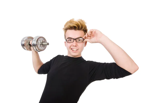 Funny guy with dumbbels — Stock Photo, Image