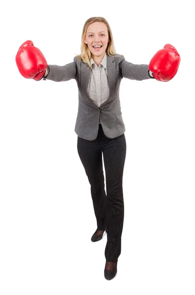 Femme d'affaires avec gants de boxe — Photo