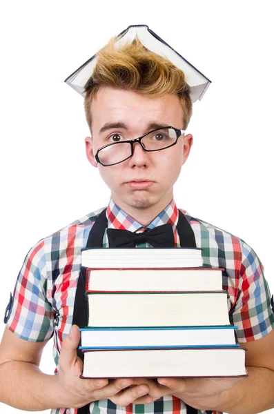 Étudiant avec pile de livres — Photo